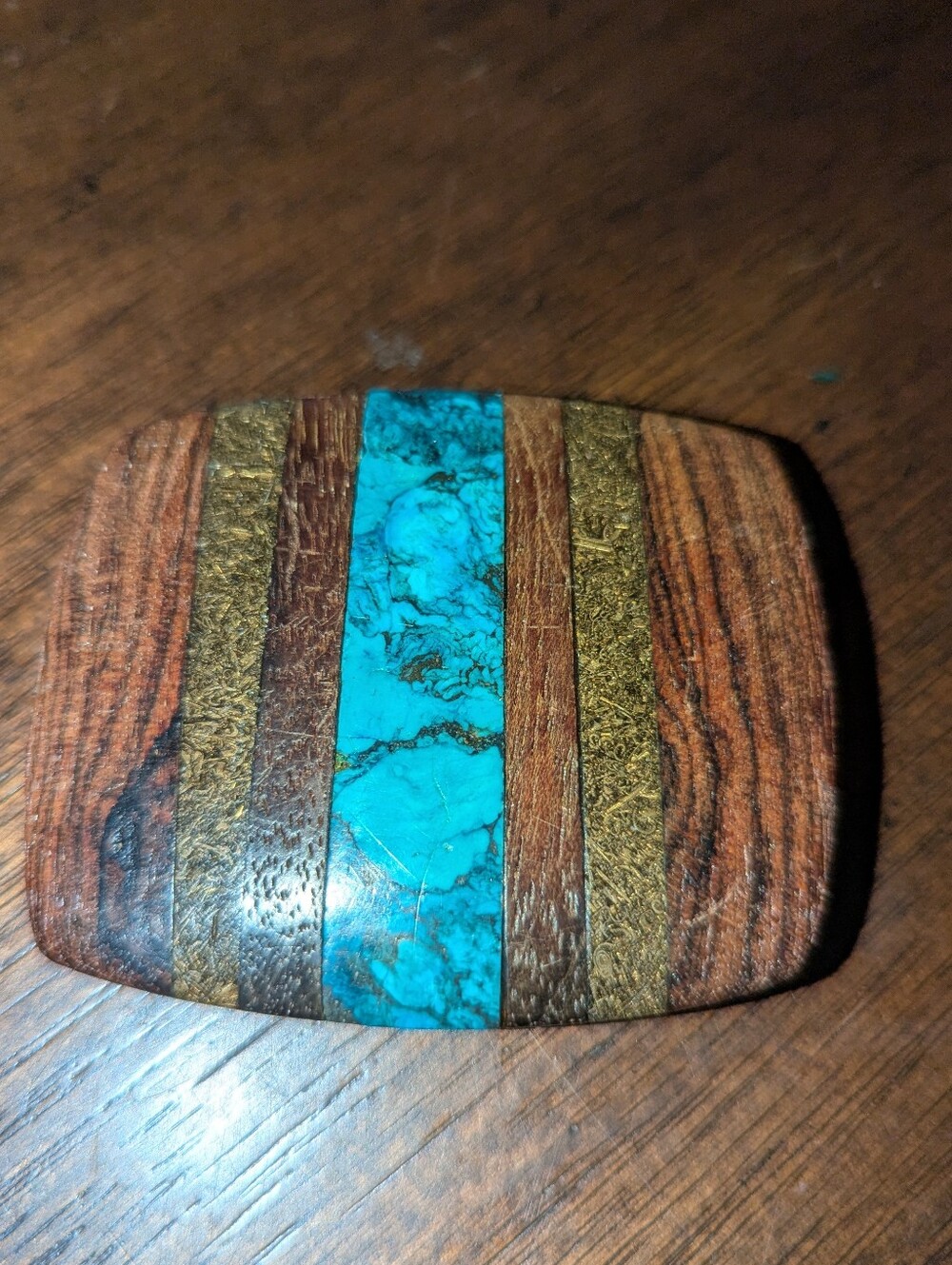 Vintage 70s Inlaid Turquoise Wood Brass Belt Buckle Southwestern Style